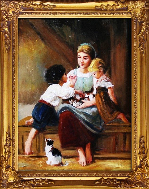 Kinder Klassisches Gemälde Ölbild Bild Bilder Echt Holz gold Rahmen Öl 003377