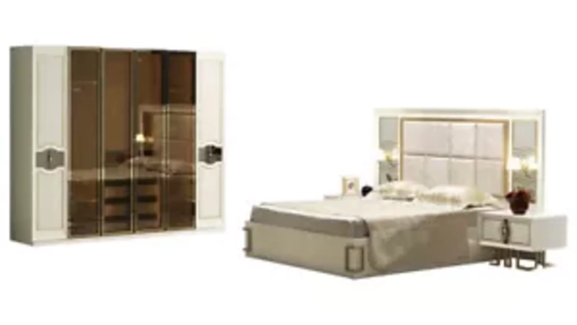 Beiges Schlafzimmer Set Designer Polsterbett Holz Nachttische Schrank