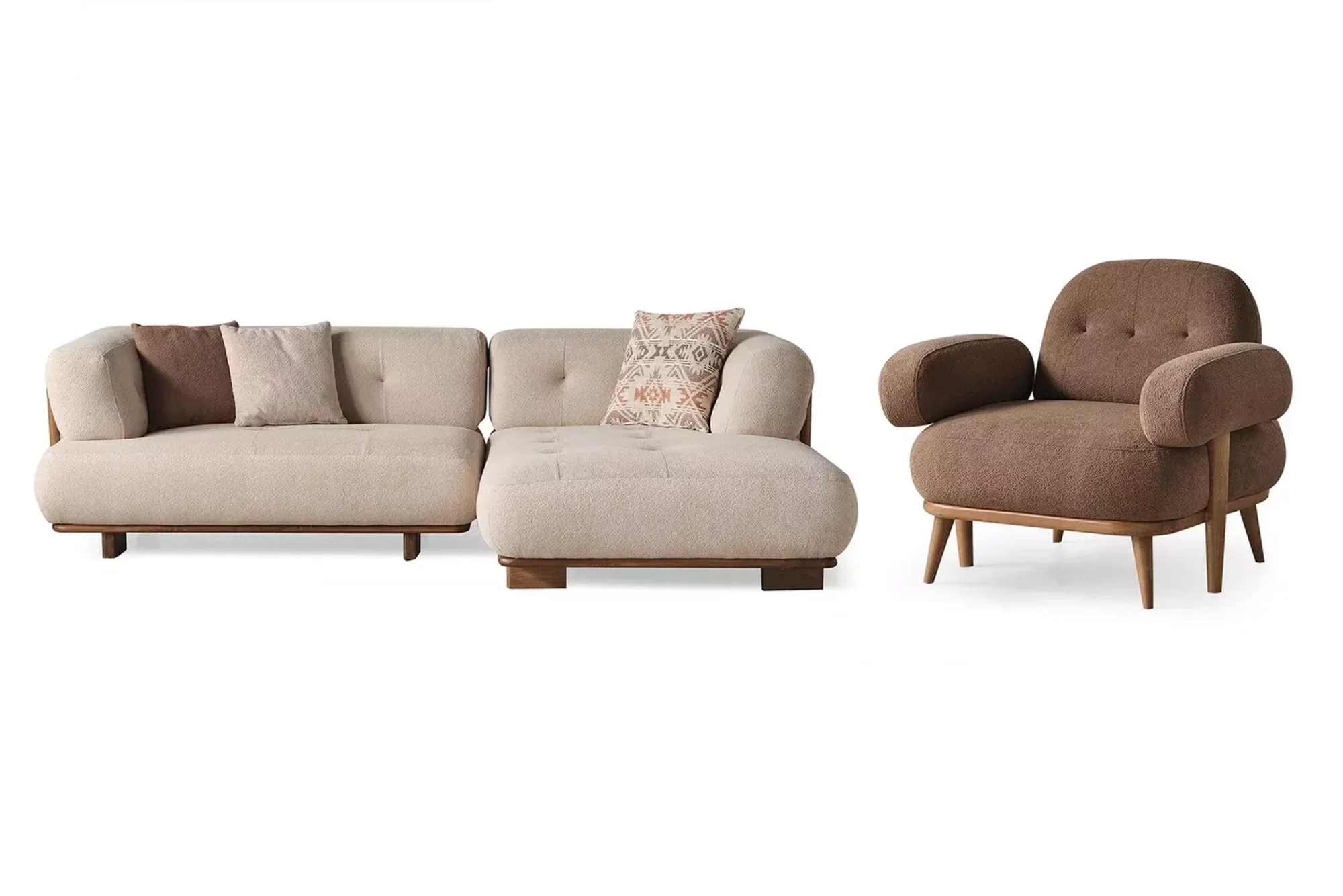 Schicke Beige-Braune Sofagarnitur Stilvolles Ecksofa Textilsessel 2tlg