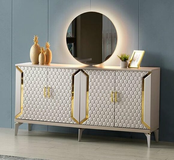 Esszimmer Sideboard mit Spiegel Anrichte Rechteckig Form Beige Einfarbig Stil