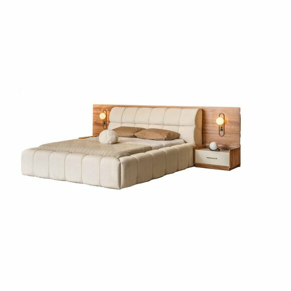 Braun-Weißes Schlafzimmer Set Doppelbett Nachttische Luxus Holz Möbel