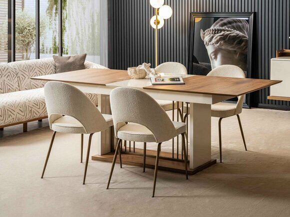 Beiges Esszimmer Set Rechteckiger Holztisch Designer 4x Polsterstühle