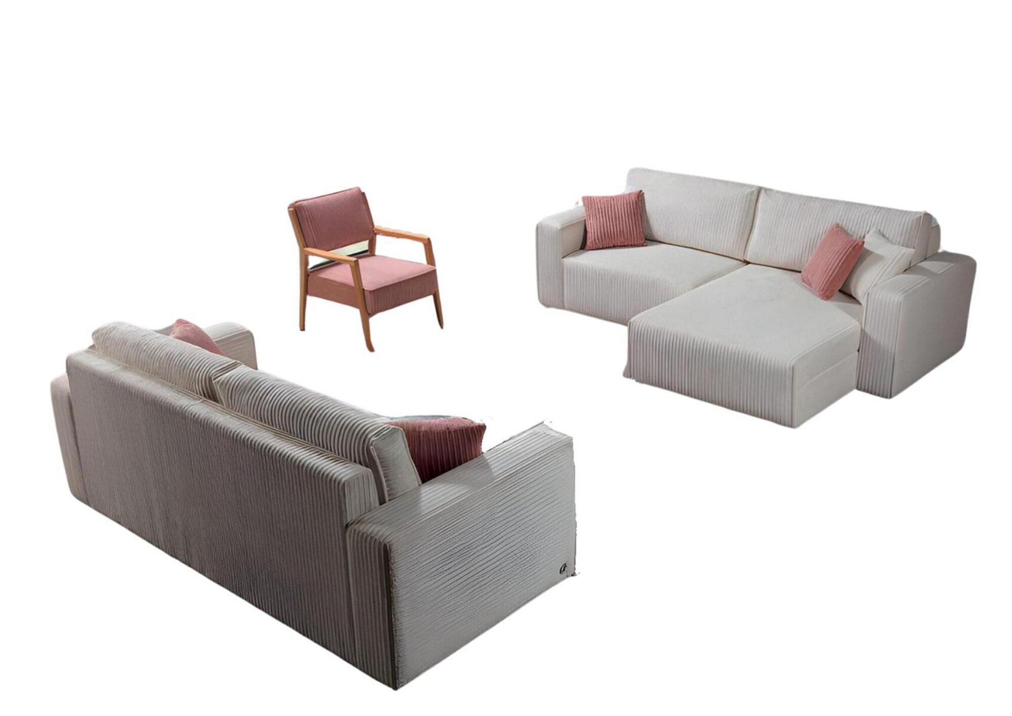 Luxuriöse Beige Couchgarnitur L-Form Ecksofa 3-Sitzer Einsitzer 3tlg Set