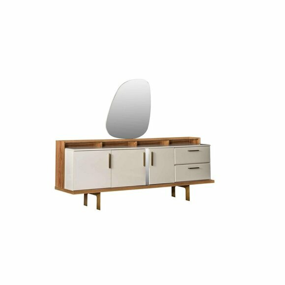 Braun-Beige Anrichte Designer Esszimmer Möbel Luxuriöser Spiegel 2tlg