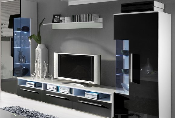 Wohnwand Modell Roma KB Hochglanz 2 Vitrinen, Regale und 3er Sideboards