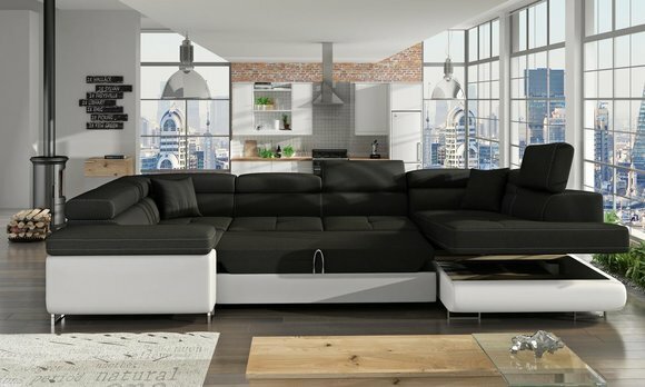 Design Ecksofa Schlafsofa Bettfunktion Couch Leder Polster Textil Sofas