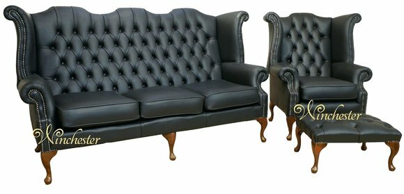 Schwarze Chesterfield Ledersofa Couch Polster Garnitur 3+1 Sitzer Ohrensessel