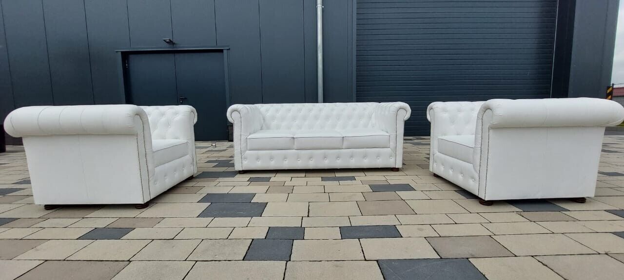 Luxus Sofagarnitur 3+1+1 Sofa Leder 100% Weiß Chesterfield Wohnzimmer Sofort