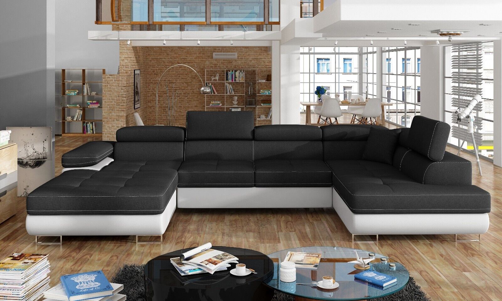 Ecksofa Design U-Form Couch Garnitur Wohnlandschaft Modern Schwarz Holz Sofort