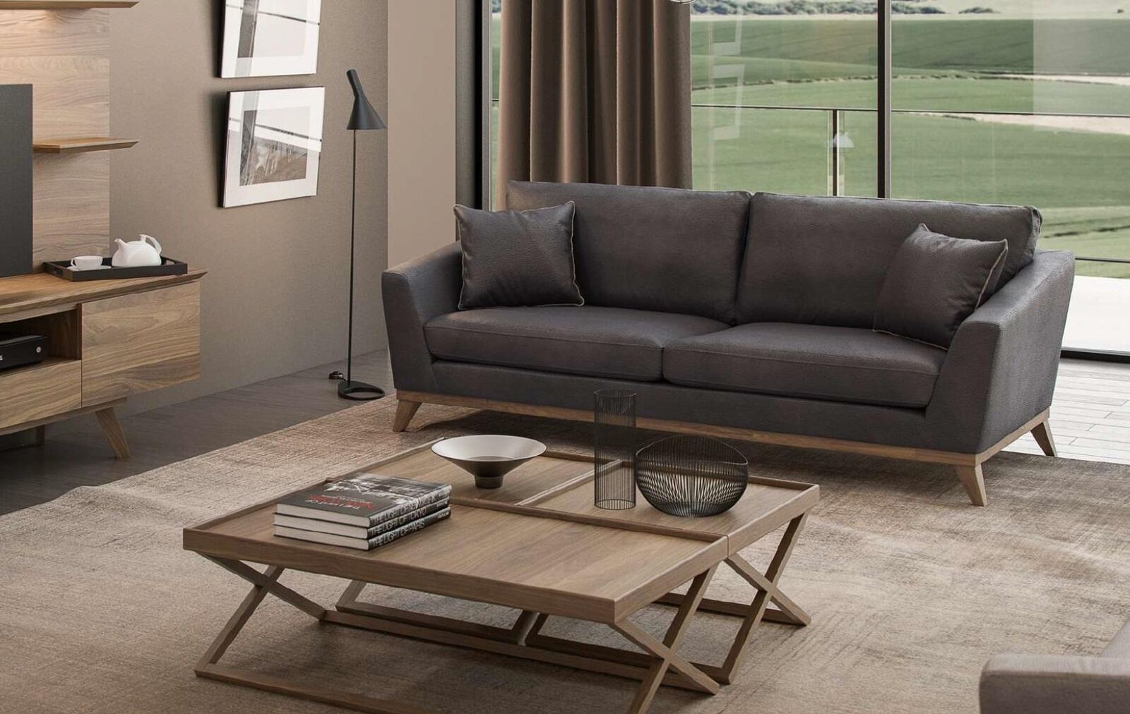 Modernes Wohnzimmer-Set Graues Sofa Couchtische Luxus Holzmöbel 4tlg