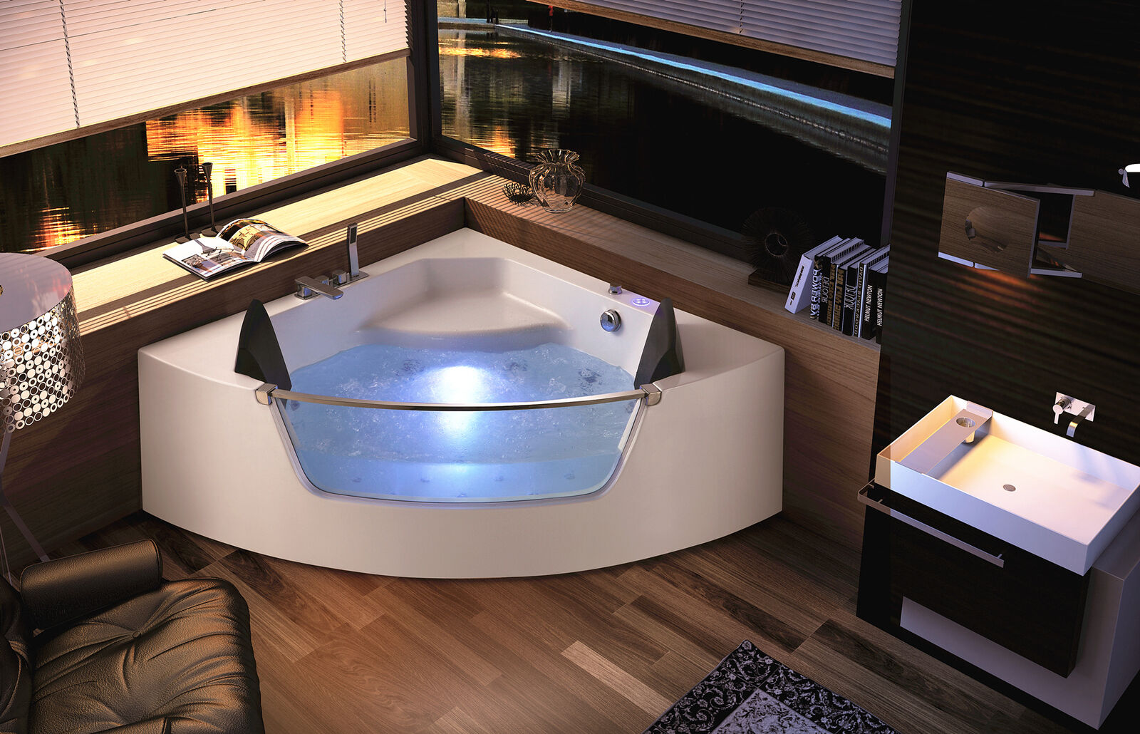 Whirlpool Badewanne Glas LED Licht Armaturen Eckbadewanne Wanne Badewanne