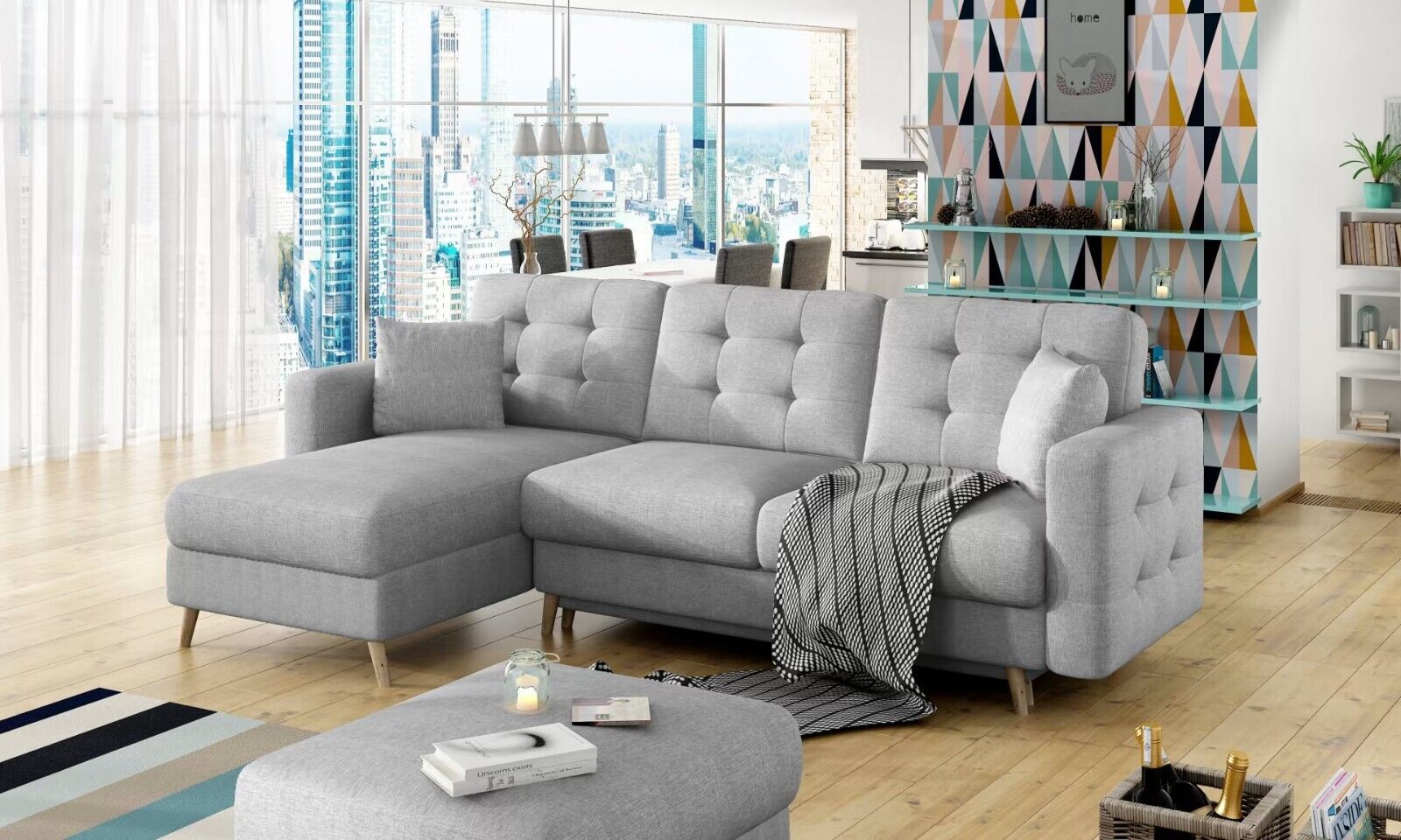 Wohnzimmer Ecksofa L-Form Couch Grau Polster 3 Sitzer Textil Ecke Sofort