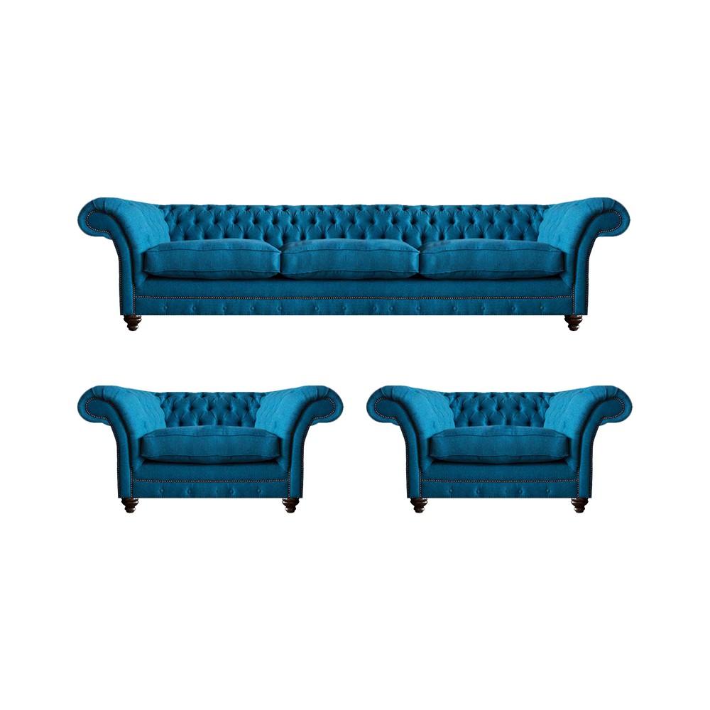 Polstermöbel Blau Sofagarnitur Textil Sitz Möbel Chesterfield Set Einrichtung