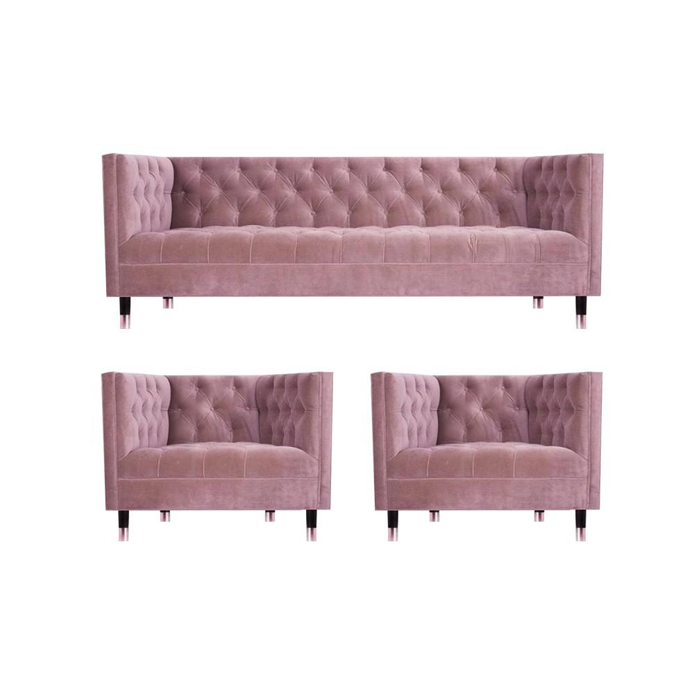 Sofa Couch Set 3tlg Sofagarnitur Rosa Design Möbel Wohnzimmer Chesterfield