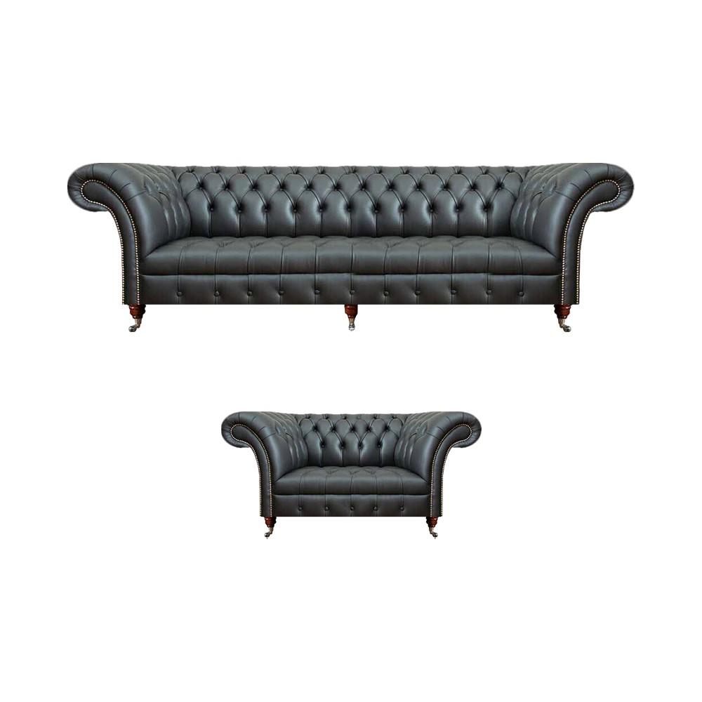 Schwarz Leder Sofa Komplett Sessel Wohnzimmer 2tlg Sofa Dreisitze Chesterfield