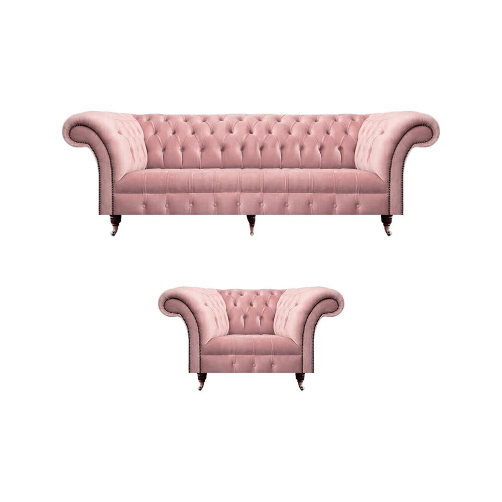 Wohnzimmer Chesterfield Sofa Couch Dreisitze Polstermöbel Sessel Rosa Komplett