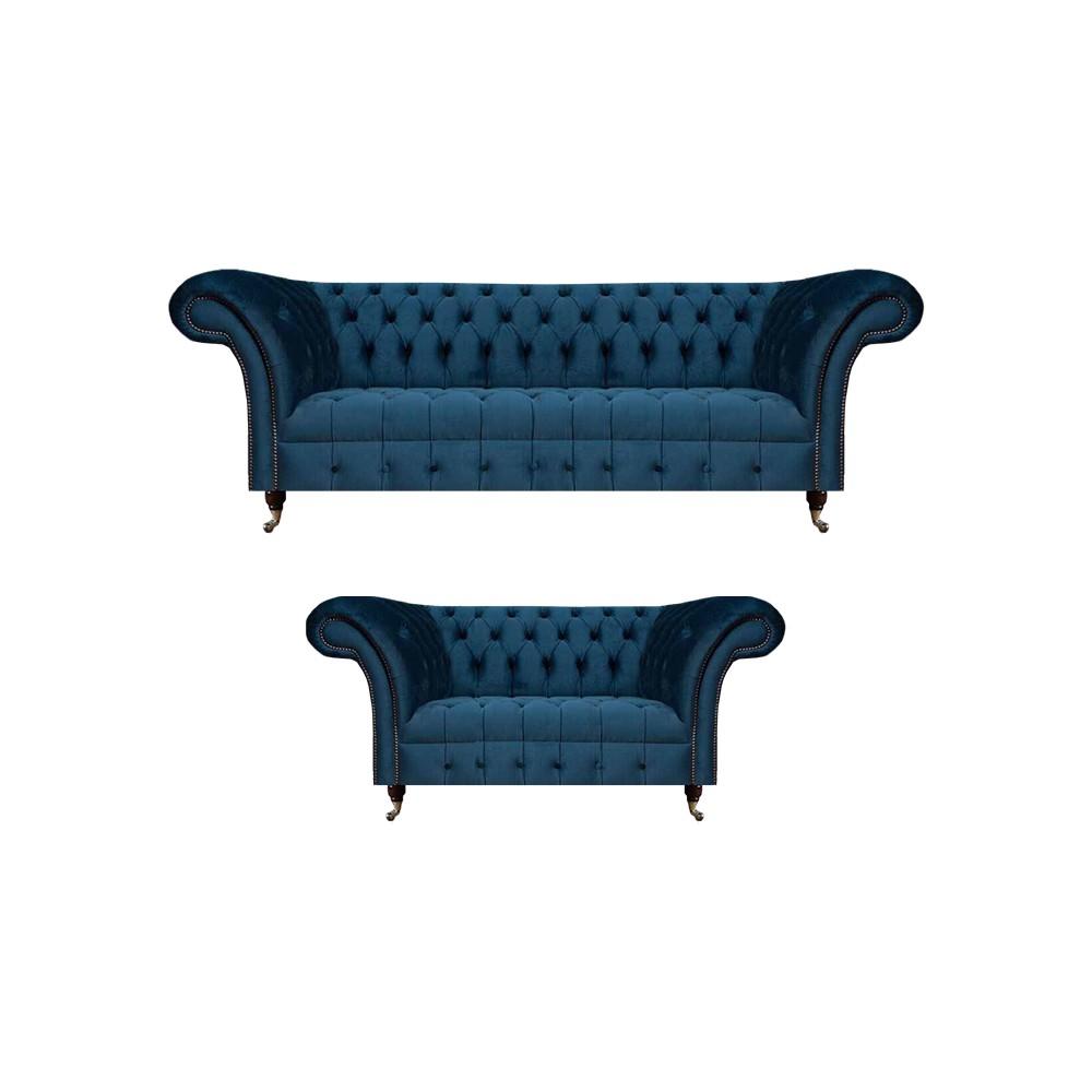 Sitzmöbel Sofagarnitur 2x Sofas Set Chesterfield Wohnzimmer Blau Polstersofa