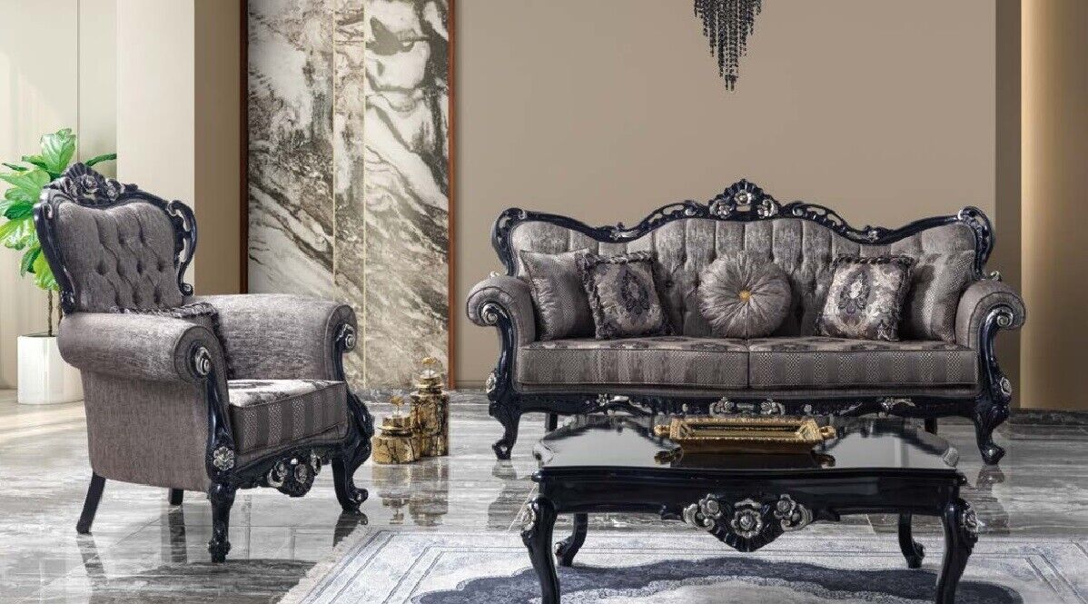 Stoffsofa Polstersofa Garnitur Sofagarnitur Grau Chesterfield Set Sofa