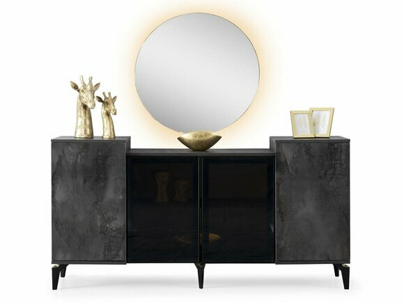 Sideboard mit Rund Spiegel Esszimmer Anrichte Dunkelgrau Rechteckig Modern