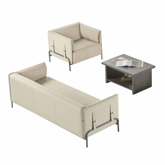 Arbeitszimmer-Set 3tlg Beige 3-Sitzer Sessel Grau Couchtisch Wohnzimmer