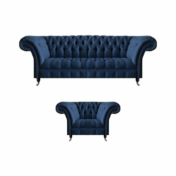 Dunkelblaue Wohnzimmer 3-Sitzer Couch Designer Lehnsessel Edler 2tlg Set