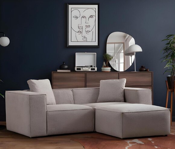 Wohnzimmer Set 2tlg 3-Sitzer mit Hocker Modern Design Grau Einfarbig