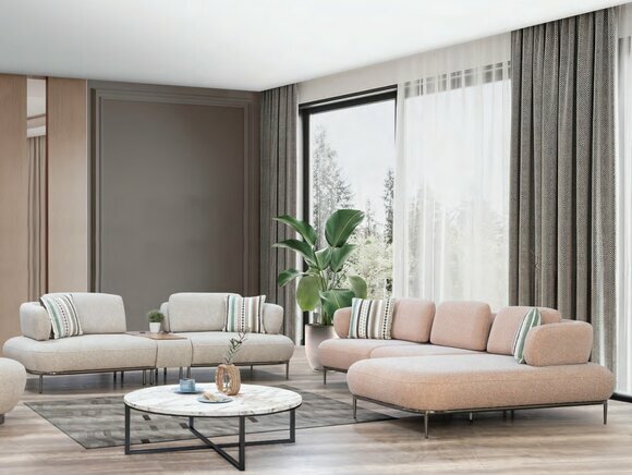 Weiß-Rosa Wohnzimmer Sofagarnitur Designer Polster L-Form Couch 2-Sitzer