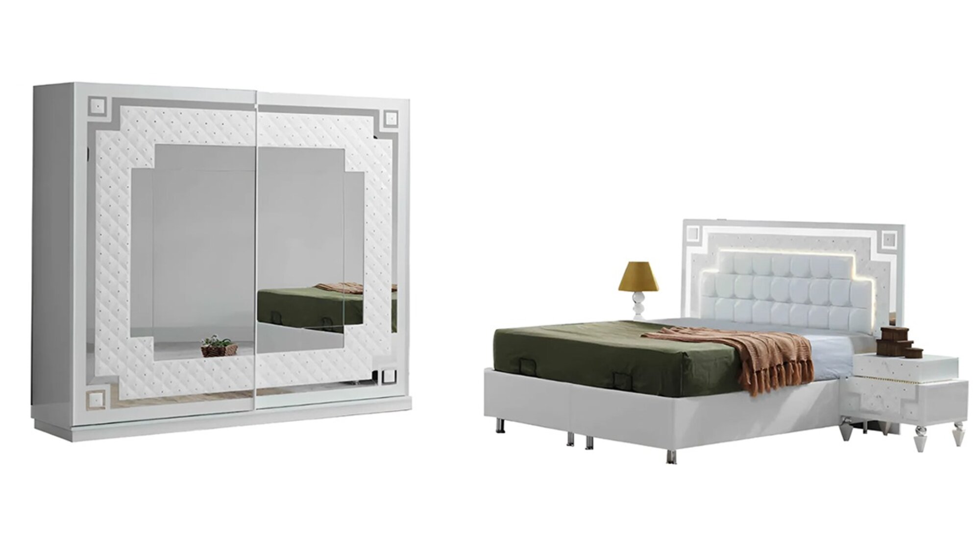 Weiße Schlafzimmer Garnitur Designer Bett 2x Nachttische Glasschrank