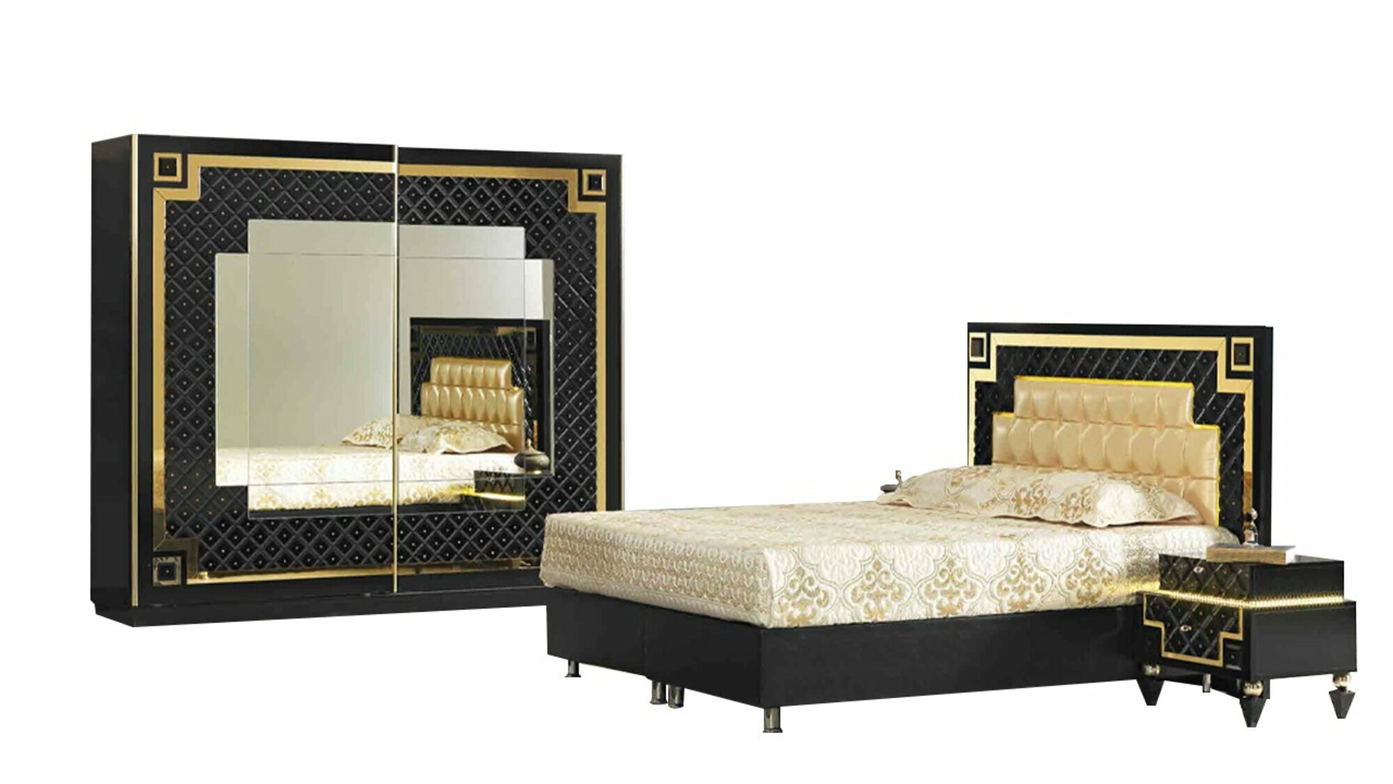 Schwarz-Goldenes Schlafzimmer Set Doppelbett 2x Nachtschränke Schrank