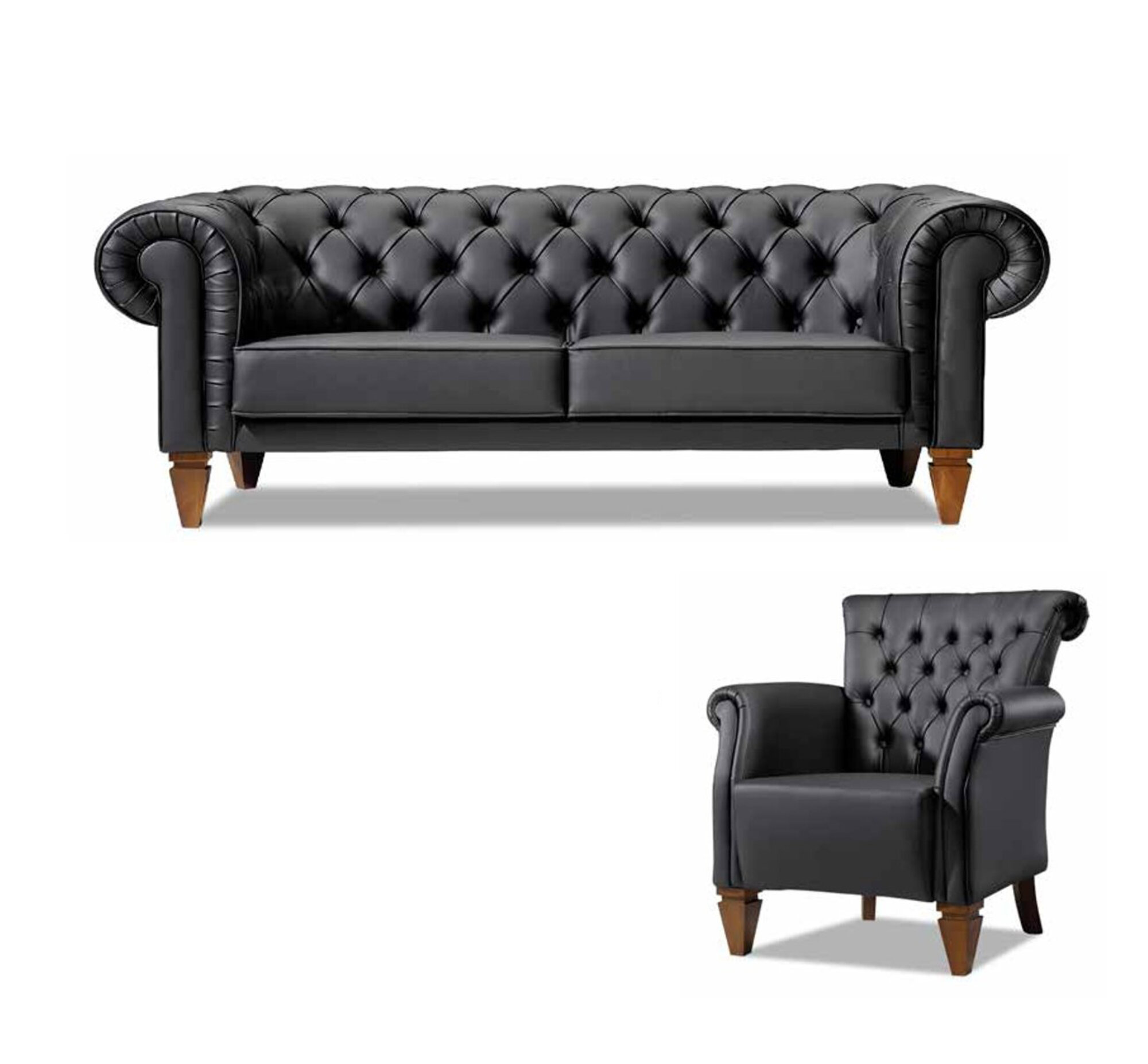 Schwarze Chesterfield Sitzgarnitur Ledersofa Moderner Einsitzer 2tlg Set