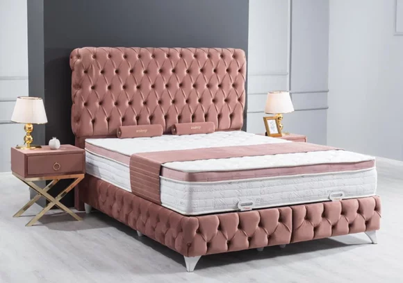 Schlafzimmer Rosa Chesterfield Bett Design Luxus 2x Nachttische 3tlg.