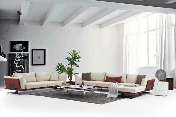 Sofagarnitur Ecksofa L-Form 3 Sitzer Beige Modern Stoff Sofas Set Eck