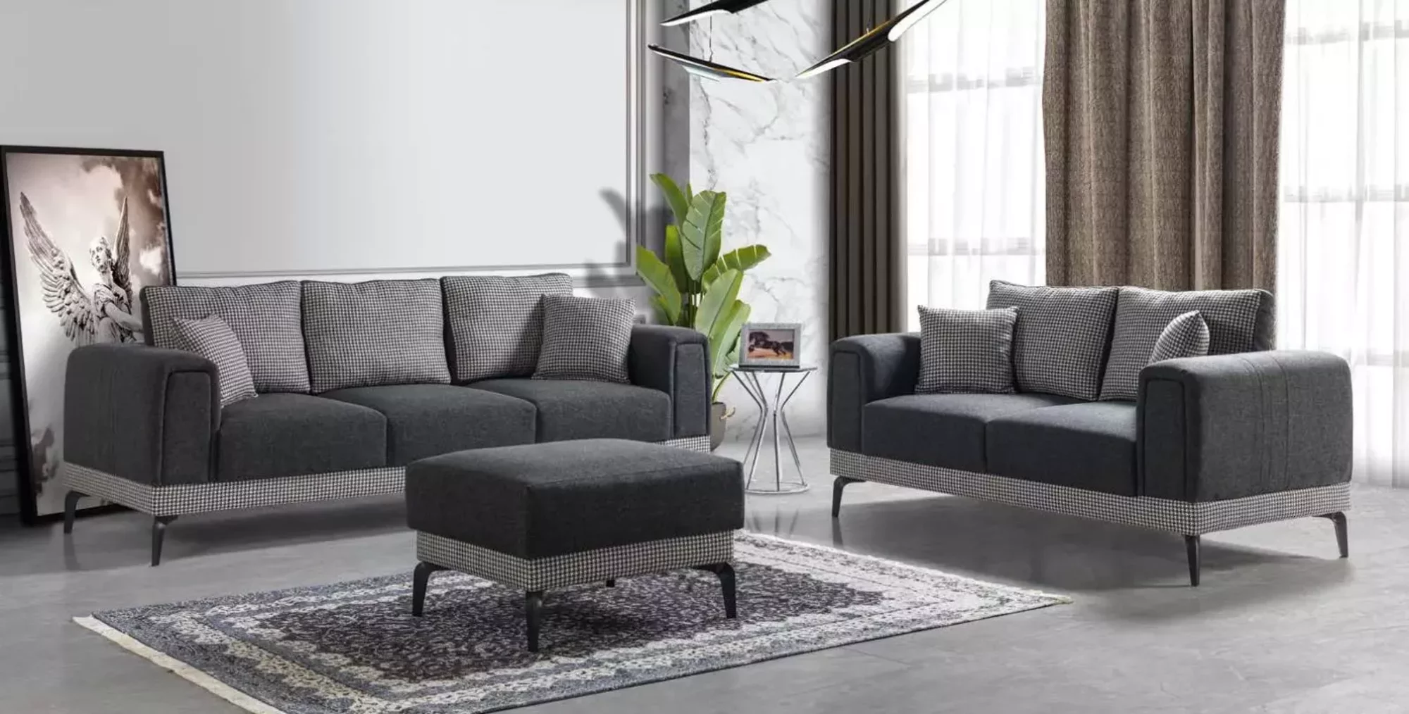 Sofagarnitur 3+2 Hocker Holz Wohnzimmer Luxus Sofa Modern Stoff Komplett Sofas