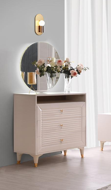 Modern Beige Farbe Kommode mit Spiegel Einfarbig Schubladen Schlafzimmer