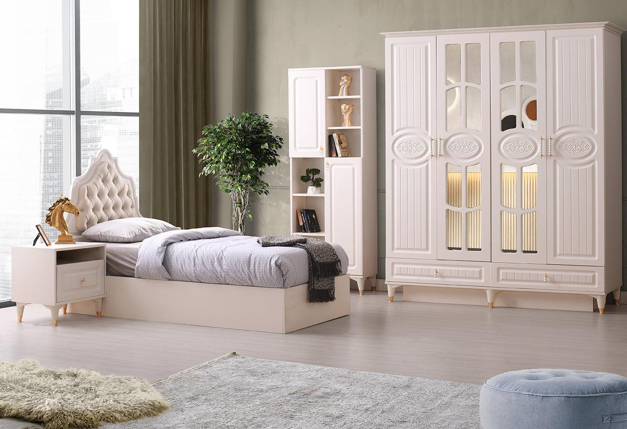 Jugendzimmer-Set 4tlg Beige Modern Bett Nachttisch Kleiderschrank Bücherregal