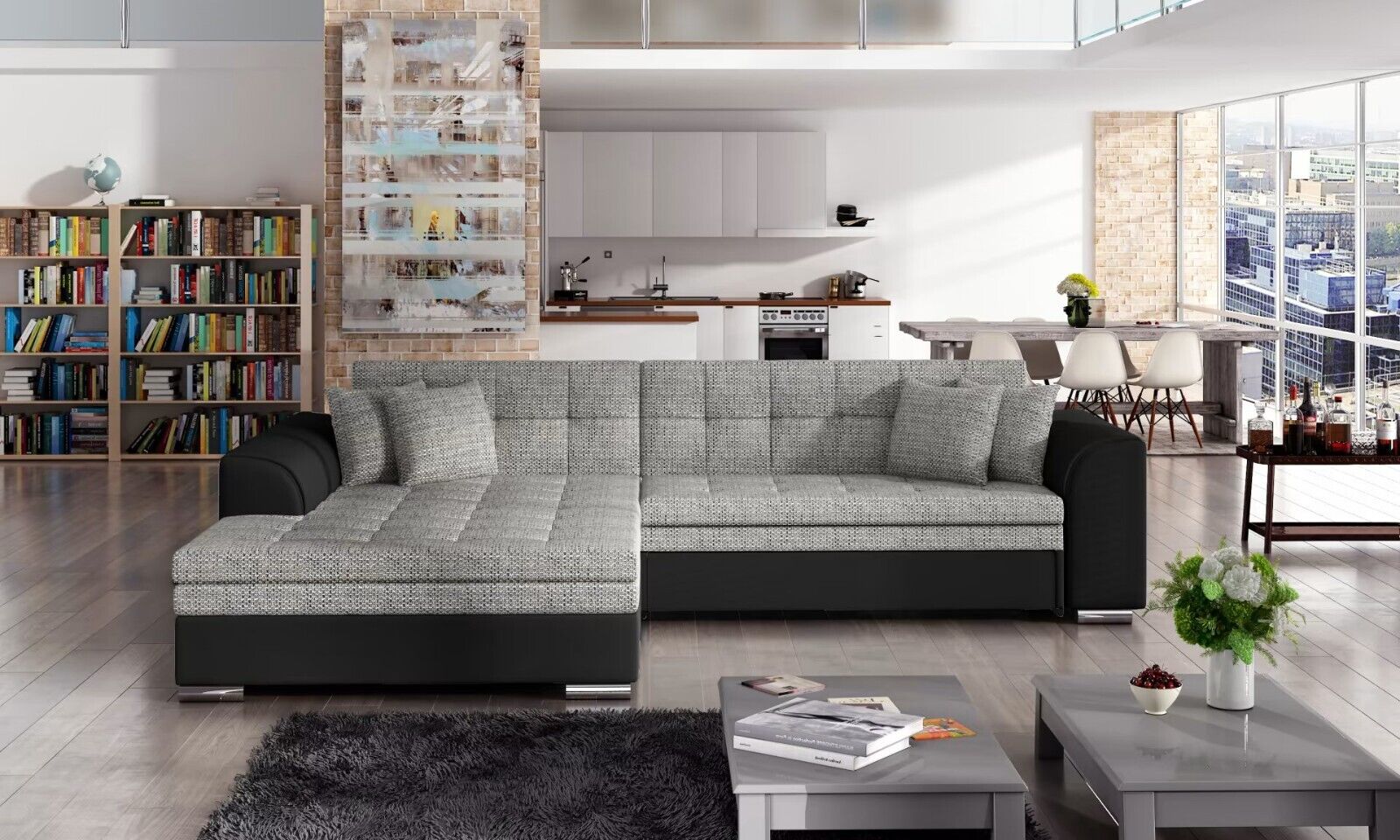 Ecksofa Wohnzimmer Bettfunktion Couch Grau Textil Polster Sofas Sofort