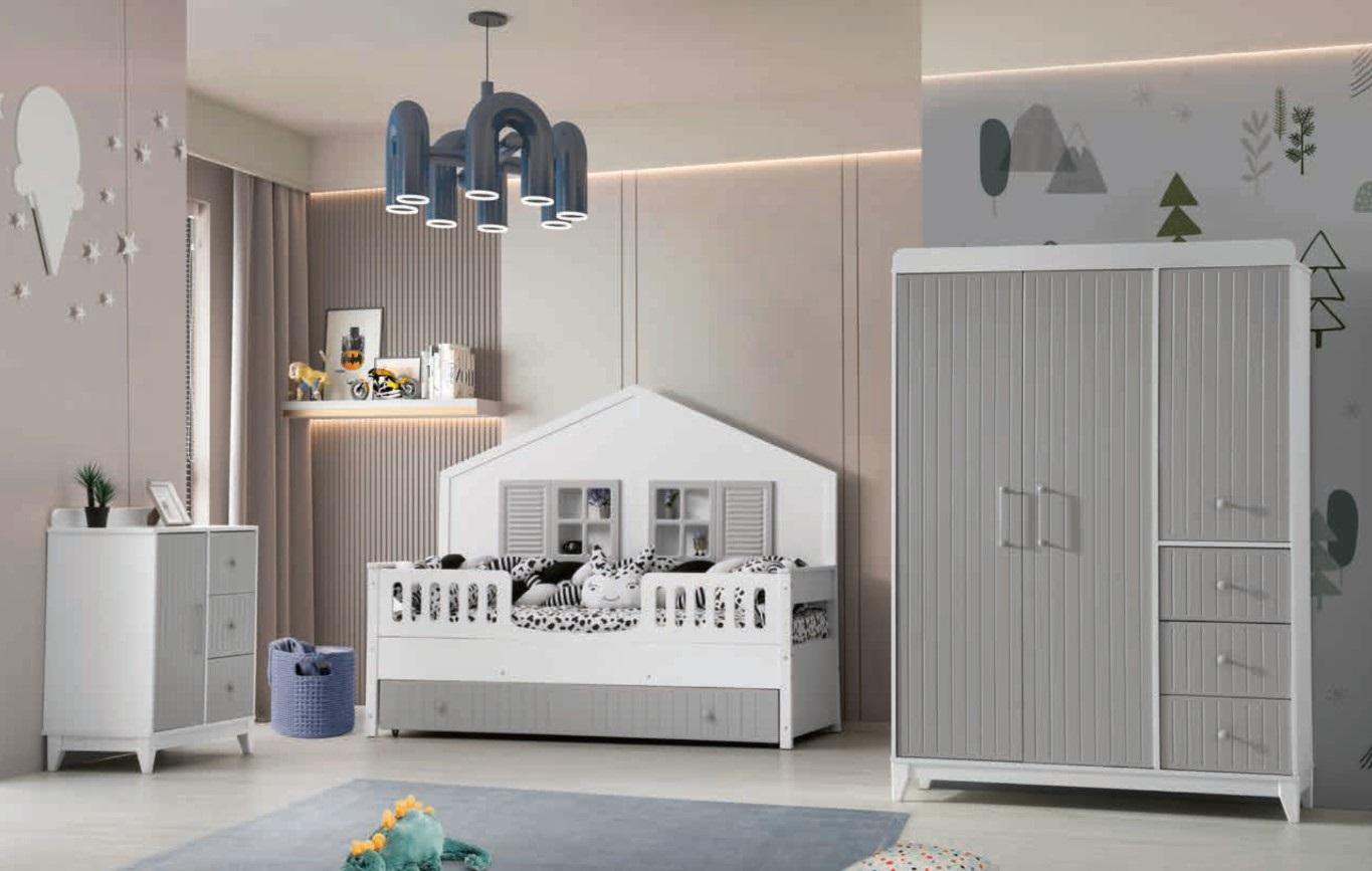 Schickes 3tlg Kinderzimmer-Set: Kommode, Kleiderschrank, Helles Bett