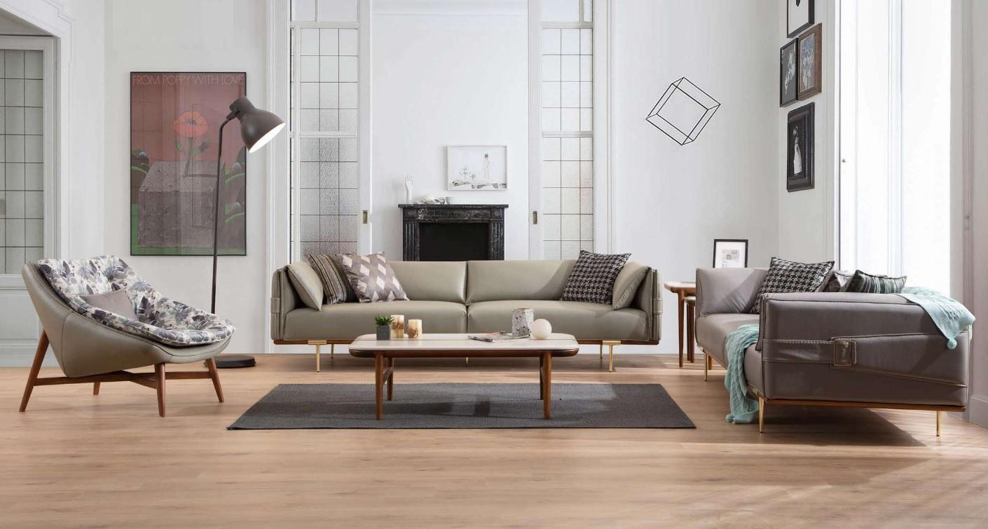 Designer Wohnzimmer Garnitur Luxuriöse Ledersofas Textil Sessel 3tlg