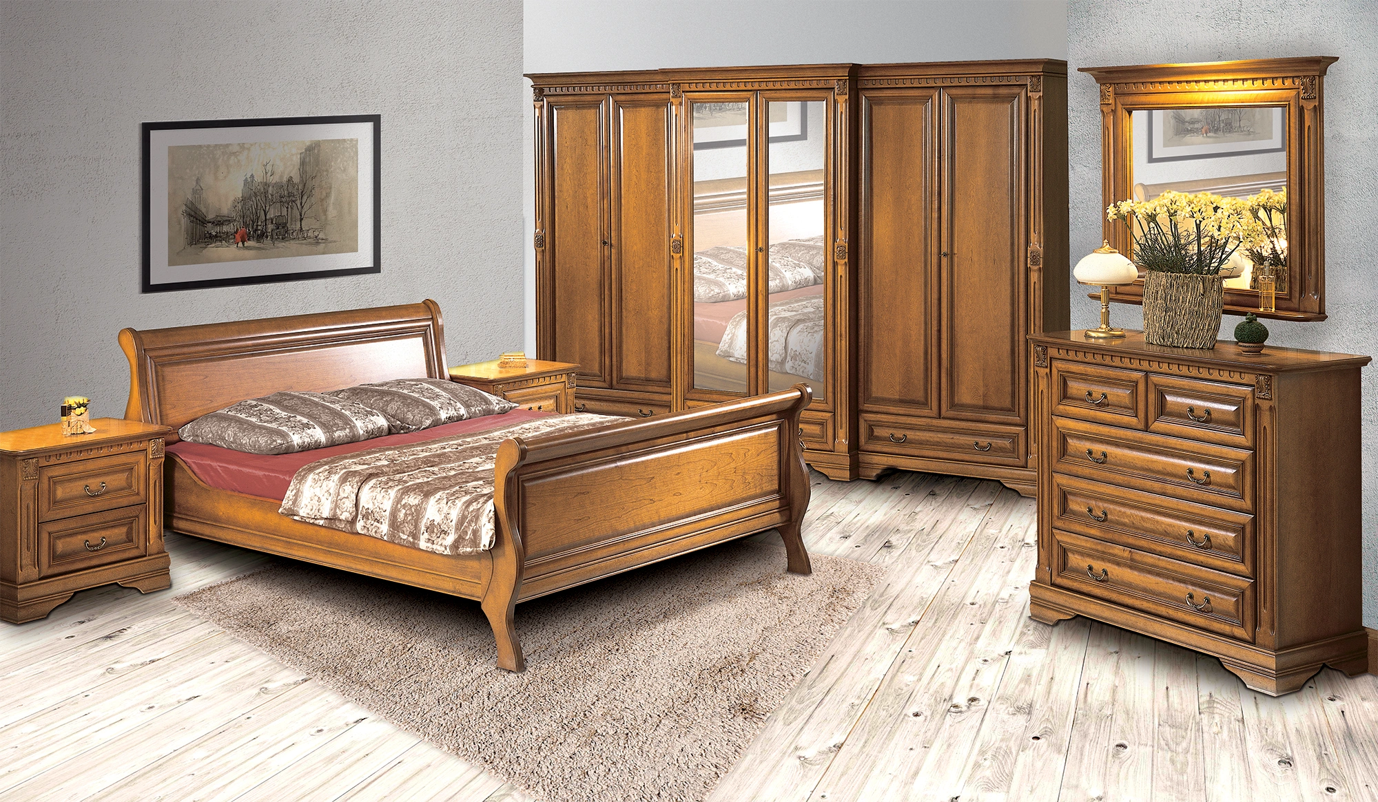 Schlafzimmer Bett Nachttisch Kommode Kleiderschrank Luxus Set 6tlg.