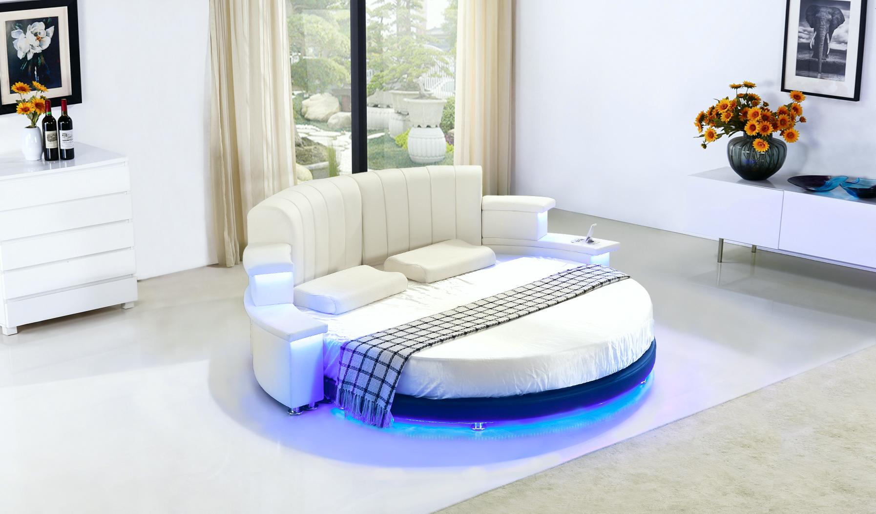 Rund Bett Möbel Polster Betten Schlafzimmer Möbel Lederbett LED Beleuchtet Neu