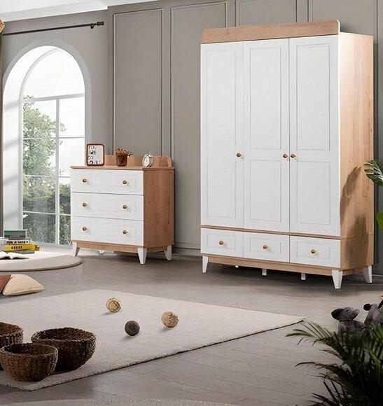 Luxus Kinderzimmer Set Garnitur Kleiderschrank Weiß Modern Holz Kommode