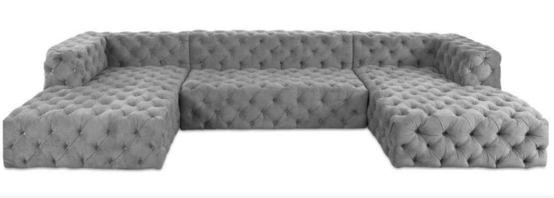 Chesterfield U Form Sofa Grau XXL Big Textil Stoff Couchen Luxus Möbel Polster