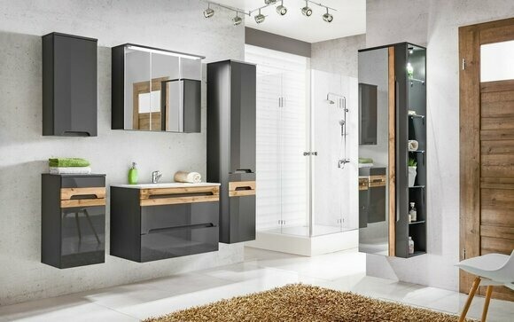 Design Badezimmer Möbel Bad 6 tlg. Set Garnitur Schrank Waschbecken Beleuchtung