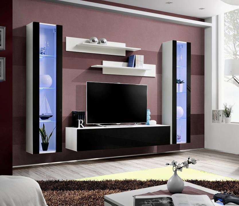 Wohnwand Luxus Set 5tlg. Wohnzimmer rtv Hänge Vitrine Moderne TV-Ständer Schwarz