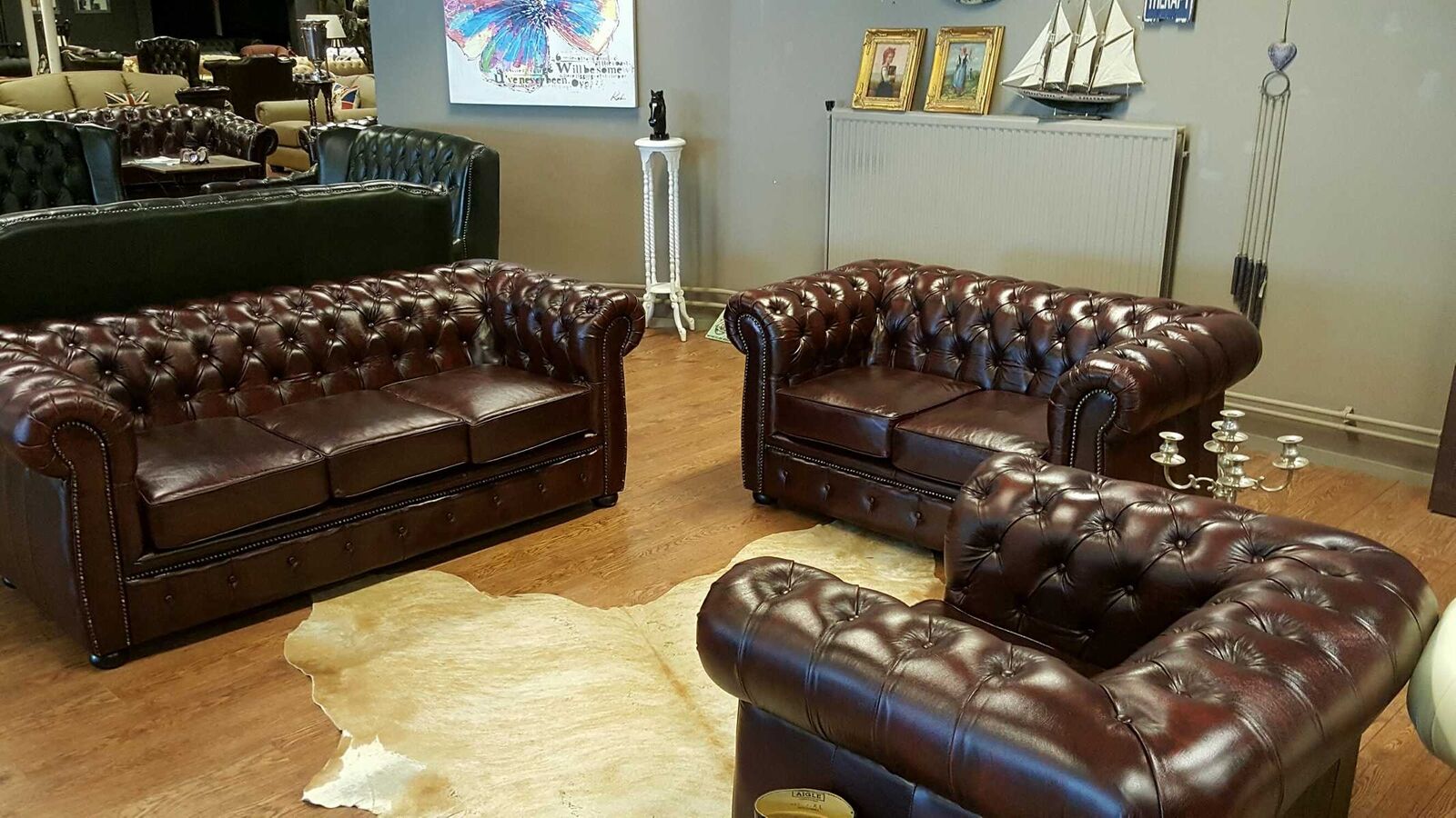 Chesterfield Sofagarnitur Sofa Couch Polster 3+2+1 Ledersofa 100% Leder Sofort