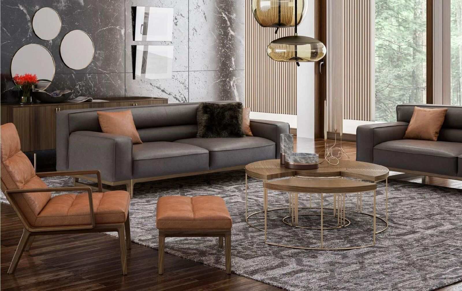 Wohnzimmer Sofa-Set Polstersitzgruppe Dreisitzer Hocker Sessel Couchtisch