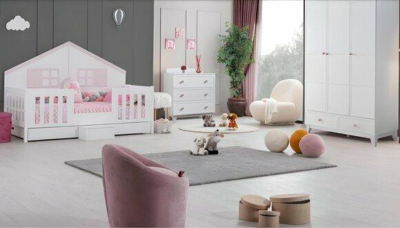 Modern Kinderzimmer Set Bett Mehrfarbig Kleiderschrank Kommode Helles Neu