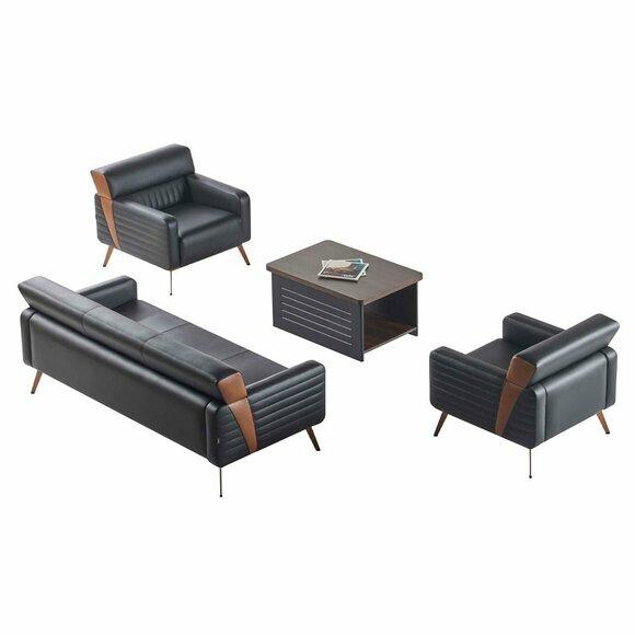 Arbeitszimmer-Set 4tlg 3-Sitzer 2x Sessel Couchtisch Schwarz Einfarbig