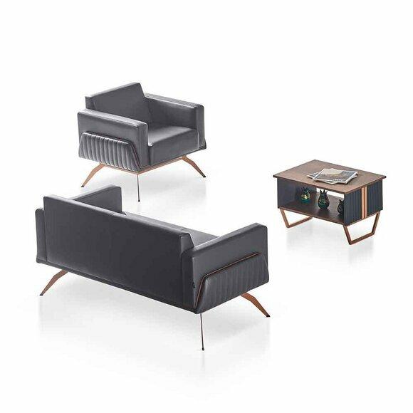 Arbeitszimmer-Set 3tlg 2-Sitzer Sessel Couchtisch Modern Design Grau