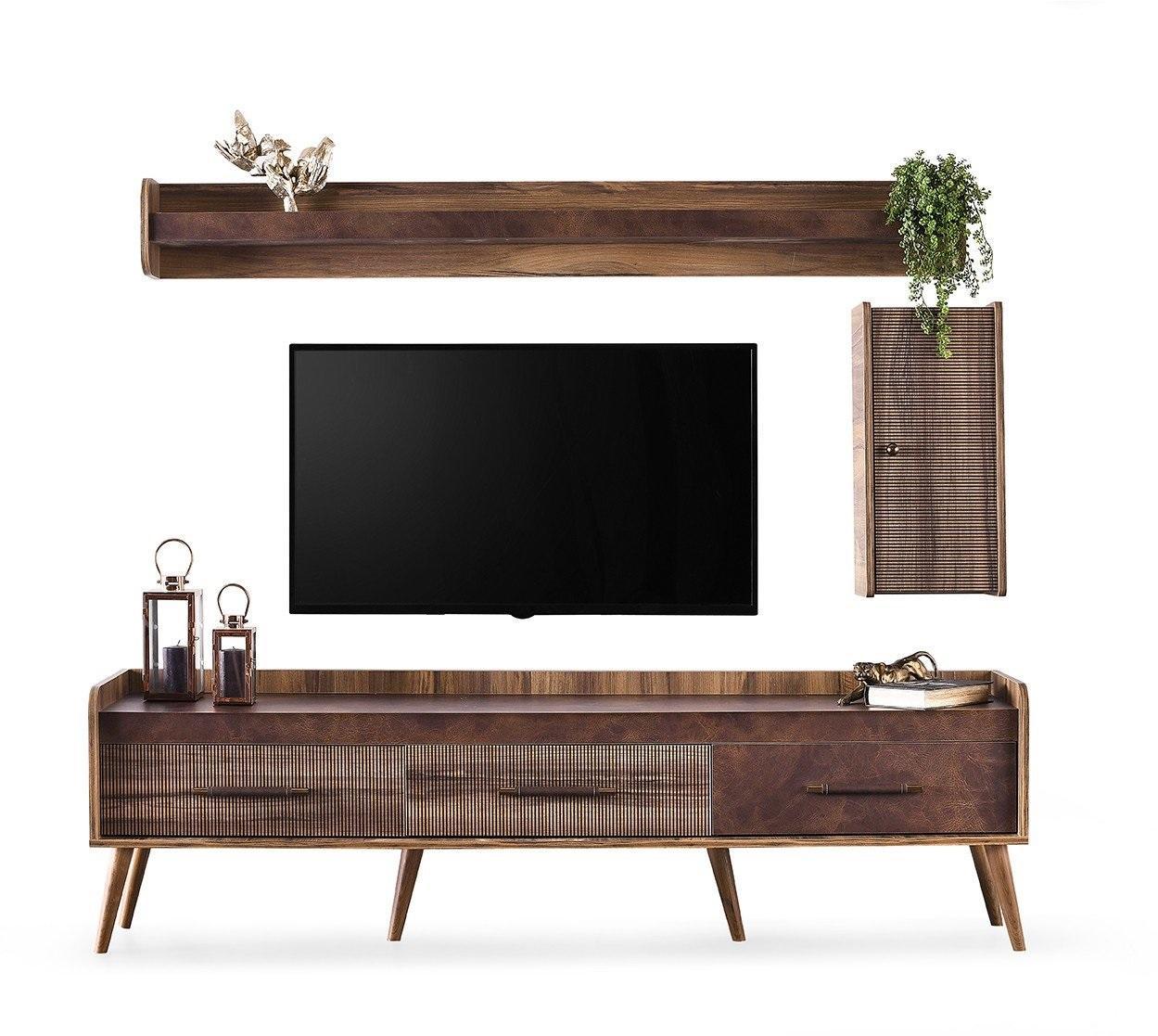 Garnitur Wohnzimmer TV Ständer Wandschrank Braun Holz RTV Lowboard